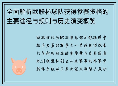 全面解析欧联杯球队获得参赛资格的主要途径与规则与历史演变概览