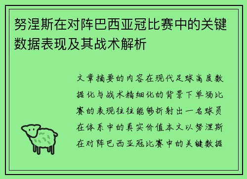 努涅斯在对阵巴西亚冠比赛中的关键数据表现及其战术解析